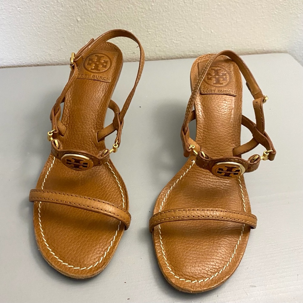 Tory Burch Tan Leather Logo Strap Sandals
